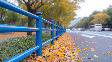 A vibrant blue fence lines a road in autumn, with fallen yellow leaves scattered along the edge. Cars blur in the background, creating a sense of motion. The composition uses a shallow depth of field.の素材