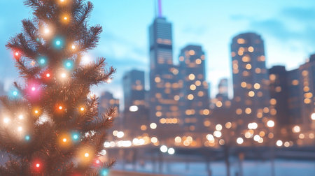 A Christmas tree adorned with colorful lights glows brightly against a blurred city skyline backdrop. The bokeh effect creates a dreamy, festive atmosphere, perfect for the holiday season.の素材