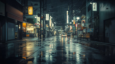 A captivating night scene in a Japanese city during heavy rain. Neon signs illuminate the wet street, reflecting in the puddles.の素材