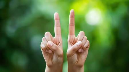 Two hands symmetrically display the number two or a victory sign against a vibrant, sun-dappled green nature background.の素材