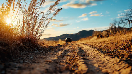 A car drives down a dirt road at sunset, framed by golden grass in the foreground. Mountains rise in the distance under a blue sky with scattered clouds.の素材