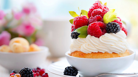 A close-up of a dessert featuring raspberries, blackberries, and whipped cream, served in a white bowl. Soft, diffused light enhances the colors and textures, creating an inviting scene.の素材