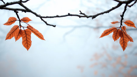 A serene, close-up view of vibrant orange autumn leaves delicately attached to dark, bare tree branches, set against a soft, hazy, pale blue sky.の素材