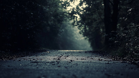 A low-angle, selective focus shot of a wet asphalt path leading into a dark, mysterious forest. Distant light filters through trees, creating a beautiful, moody bokeh effect.の素材