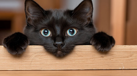 A close-up of a black cat with captivating blue eyes, peering over a wooden surface. The cat's paws rest on the wood. Soft lighting enhances the cat's fur and eye color.の素材