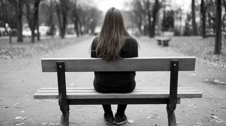 A lone young woman sits on a wooden park bench, her back to the camera, lost in thought amidst a muted, autumnal landscape.の素材