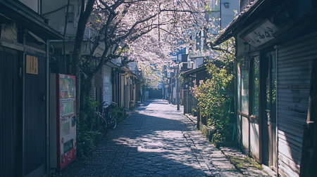 A tranquil Japanese alleyway is adorned with blooming cherry blossoms, casting dappled light on the cobblestone path. A vending machine and bicycle add to the scene's charm.の素材
