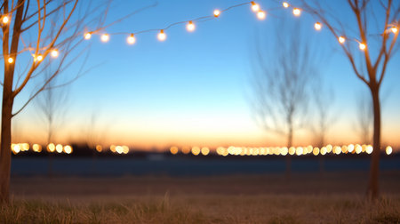 A string of warm glowing lights hangs between two bare trees, framing a serene twilight sky. The background is a dreamy blur of sunset colors and soft bokeh lights.の素材