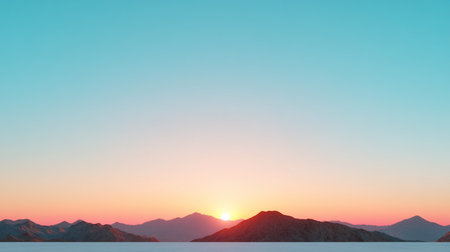 Tranquil landscape at sunset. Vibrant gradient sky from blue to orange-pink. Silhouetted mountains rise above calm water, sun dipping below horizon, casting warm glow.の素材