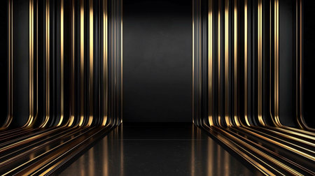 A stunning 3D rendered abstract interior featuring curved black and gold lines. The composition creates a sense of depth and luxury.の素材