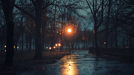 A serene, atmospheric scene of a park pathway at dusk, with warm streetlights casting reflections on the wet ground as rain falls.の素材
