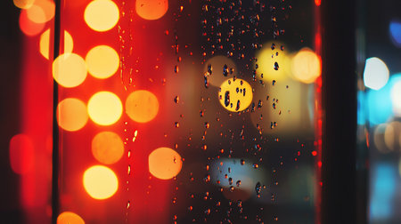 Abstract view of raindrops on glass, reflecting blurred city lights at night. Bokeh effect creates a dreamy, moody atmosphere with vibrant colors and soft focus.の素材