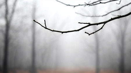 A stark, minimalist photograph of a tree branch silhouetted against a blurred, misty forest backdrop. The image evokes a sense of calm and solitude, with the branch in sharp focus.の素材