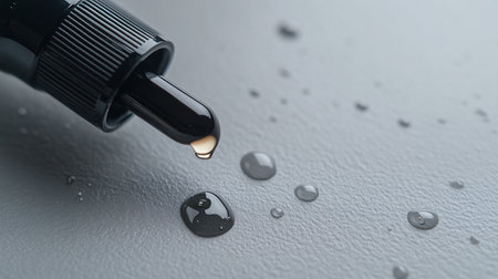 Close-up of a black dropper with a hanging liquid drop, surrounded by water droplets on a textured gray surface, creating a wet, reflective effect.の素材