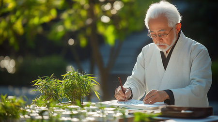 An elderly Asian man with white hair and a beard, wearing a white traditional robe, is focused on writing calligraphy in a book.の素材