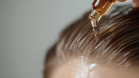 A macro shot of a cosmetic pipette dripping a golden, oily liquid onto a person's wet hair and scalp, highlighting the shiny strands and the texture of the fluid.の素材