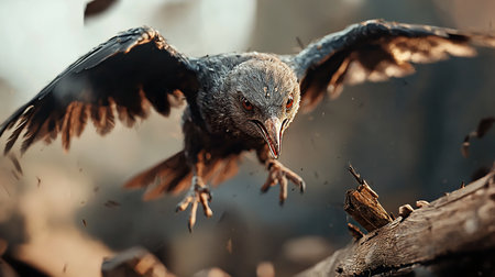 Powerful dark bird with textured plumage, glowing red eyes, and sharp beak. Wings spread wide, talons extended in fierce descent.の素材