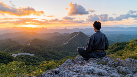 A man seen from behind, sitting in a meditative lotus pose wearing a dark grey robe and a brown sash.の素材