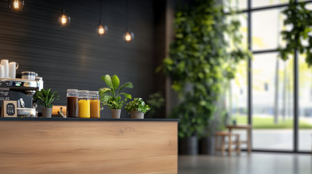 Light wood counter with dark top, featuring three clear glass jars of brown, yellow, and amber liquids. Small green potted plants and a professional coffee machine are visible.の素材