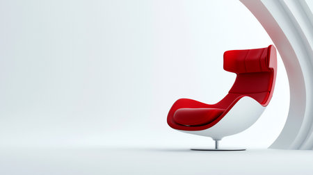 A sleek, modern egg chair featuring a vibrant red leather seat and headrest, contrasted by a glossy white shell and a chrome swivel base.の素材