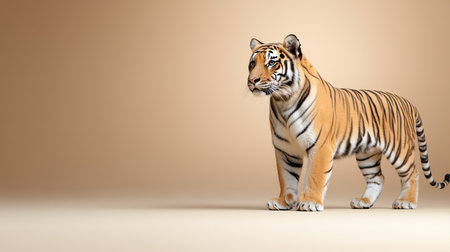 A beautiful tiger stands, showcasing its vibrant orange fur and bold black stripes, with a focused gaze and powerful stance.の素材