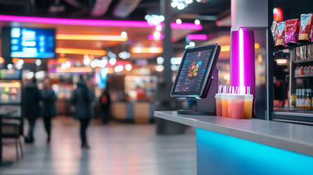 A self-service ordering kiosk with a digital menu stands on a modern counter next to colorful juices, illuminated by vibrant blue and pink neon lights.の素材