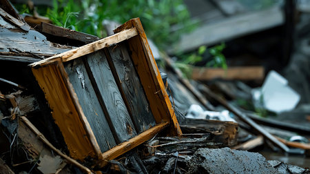 A close-up view of a damaged wooden frame with weathered planks, surrounded by rubble and lush green foliage, suggesting abandonment or destruction.の素材
