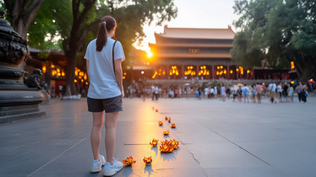 A woman viewed from the back, with her brown hair in a ponytail. She is wearing a casual outfit of a white t-shirt, dark shorts, and white sneakers, standing still.の素材