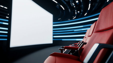 Rows of red plush seats with black armrests, facing a blank white screen in a modern, dark movie theater with blue neon lighting.の素材