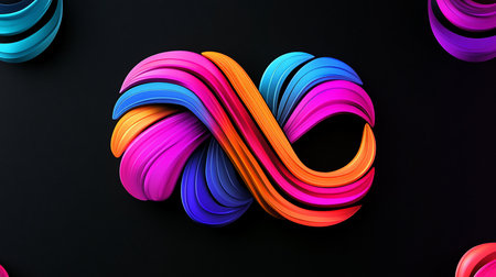 A dynamic 3D infinity symbol made of interwoven, textured ribbons. The flowing shape features a vibrant gradient of pink, blue, orange, and purple with a matte finish.の素材