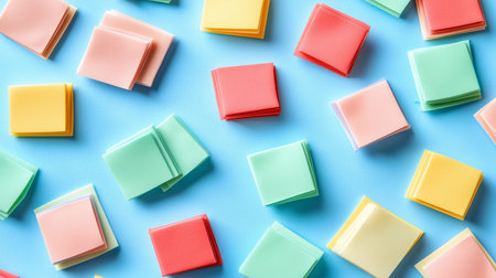 Stacks of small, square, pastel-colored sticky notes are arranged randomly across a vibrant blue background, creating a playful and organized pattern.の素材