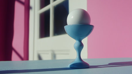 A single white egg with a smooth shell sits upright in a shiny, light blue ceramic egg cup. The cup has a classic bowl shape and a shapely, curved stem and base.の素材