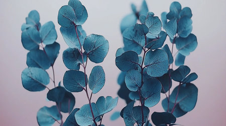 Detailed view of teal-colored eucalyptus leaves showcasing their delicate, textured veins and slender stems.の素材