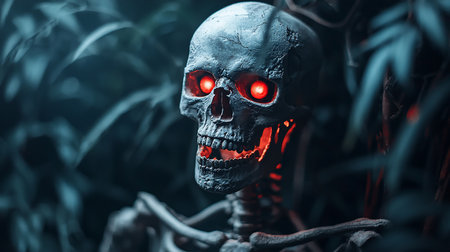 A dark, weathered skeleton with a cracked skull and a menacing stare. Its eye sockets and mouth glow with an intense, sinister red light.の素材