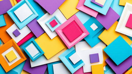 Overlapping bright paper squares and frames create a dynamic, textured geometric pattern with vibrant colors and dimensional layers.の素材