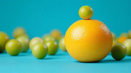 A vibrant orange with a textured peel is topped by a small, smooth green lime, with other limes scattered in the background.の素材