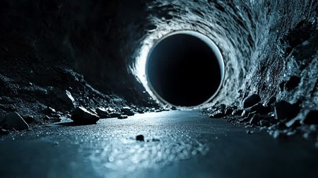 A dark, rocky tunnel with water on the ground leads to a bright, circular opening at the end, creating a sense of mystery.の素材