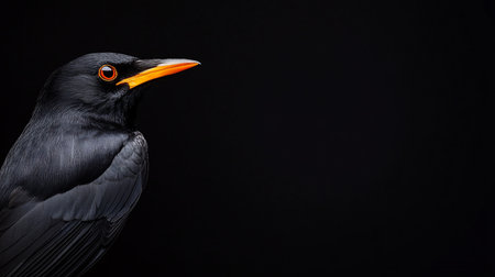 A detailed close-up of a blackbird's head and upper body, showcasing its glossy black plumage and striking orange eye ring and beak.の素材