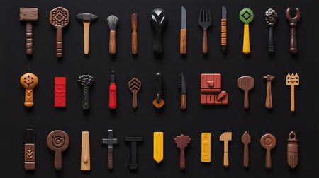 An array of stylized wooden tools and utensils, showcasing a variety of shapes, textures, and colors, arranged in neat rows on a dark surface.の素材