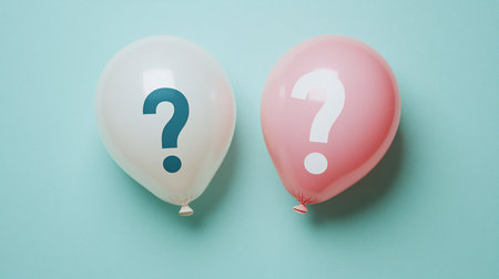 Two balloons, one pink with a white question mark, and one white with a blue question mark, used for a gender reveal party.の素材
