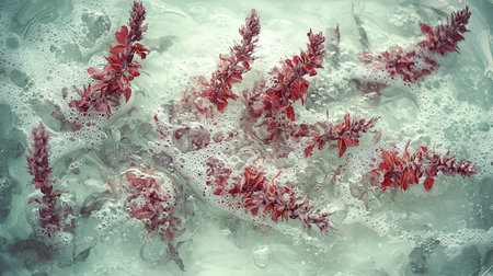 Close-up view of vibrant red seaweed branches with intricate textures, submerged in clear, frothy, and bubbly water.の素材