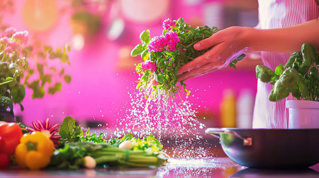 Hands gently washing a bunch of fresh green herbs with small pink flowers, water droplets splashing onto a countertop with vegetables.の素材