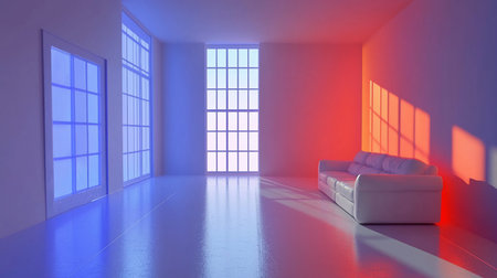 A plush white leather sofa sits in an empty room, bathed in contrasting red and blue light, casting long shadows.の素材