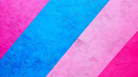 Rough, painted wall surface with distinct diagonal stripes. Features vibrant hot pink, bright blue, and soft pink sections, showcasing visible brushstrokes.の素材
