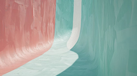 Abstract textured wall featuring curved sections in pastel pink, white, and mint green, with rough stucco-like plaster and subtle shadows.の素材