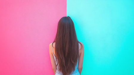 A woman seen from behind, showing her long, straight, dark brown hair and slender shoulders in a thin strap camisole. Her face is hidden, creating an anonymous feel.の素材