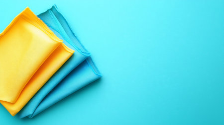 A close-up view of neatly folded microfiber cloths in bright yellow and turquoise blue, showcasing their textured weave and clean edges.の素材