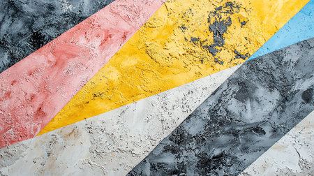 Abstract composition featuring diagonal bands of textured surfaces in pink, yellow, light blue, white, and various shades of gray.の素材
