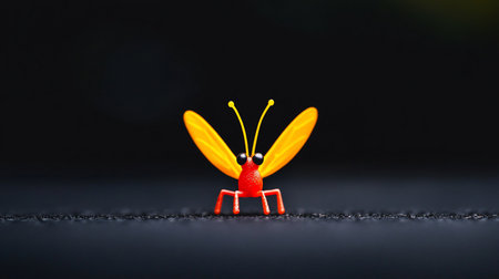Adorable red plastic insect toy featuring bright yellow wings, long antennae, and large black eyes, standing upright.の素材