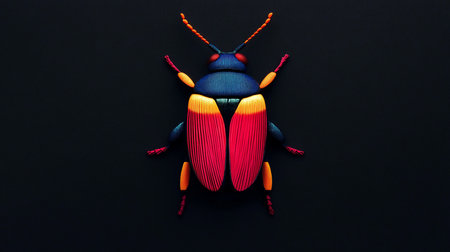 A detailed, stylized beetle crafted from textured fabric, featuring striking red and orange wings and a blue body.の素材